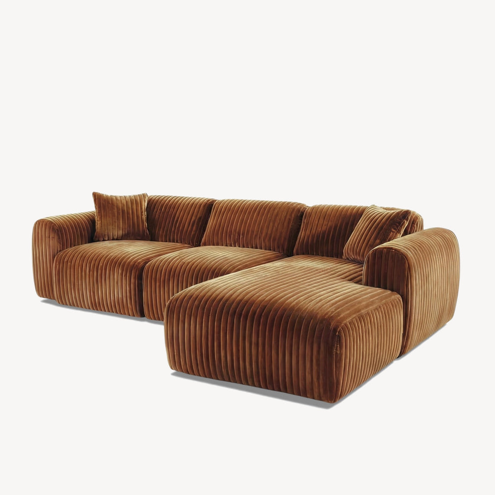 Tamara - Høyrevendt sofa m/sjeselong i oransje bred kordfløyel