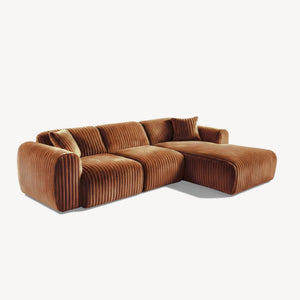 Tamara - Høyrevendt sofa m/sjeselong i oransje bred kordfløyel