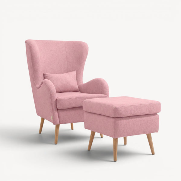 Lenestol med fotskammel rosa strukturstoff - Sengero
