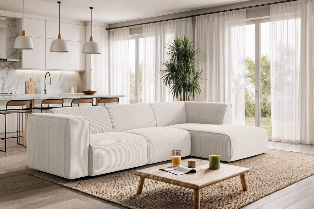 Sofa med sjeselong MADEA cremehvit kordfløyel - Sengero