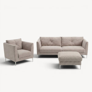 Sofagruppe beige stoff – 2,5 - seter, lenestol & fotskammel - Sengero